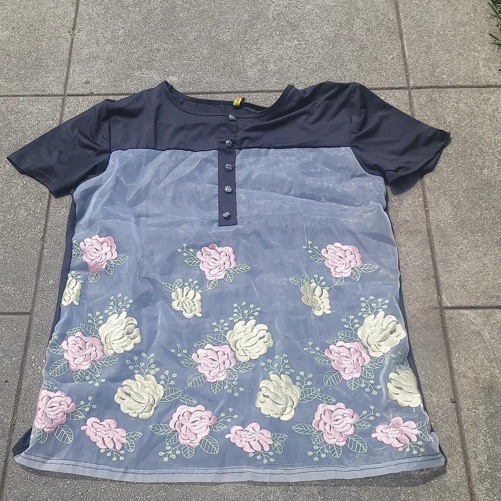 Stretch back black blouse with rose floral cream and pink embroidered front
